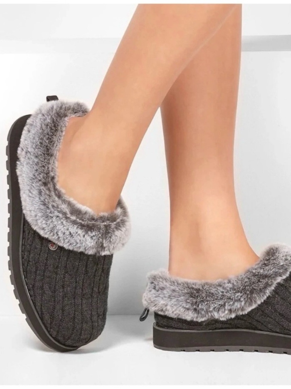 BOBS from Skechers Charcoal Knit Faux Fur-Lined Mule Slippers. 8.5. Gray. NWOT